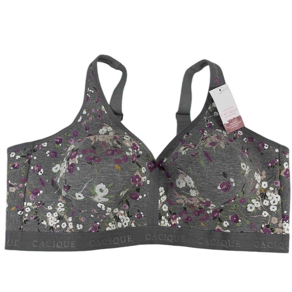 NWT Cacique Gray Floral Print Unlined Full Coverage No Wire Bra Size 46DDD